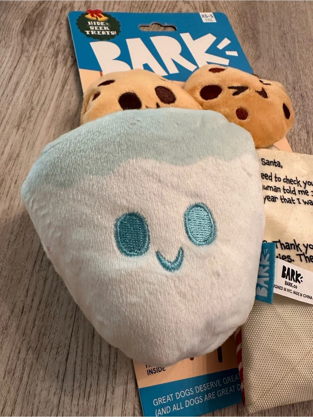 BARK Santa’s Cookie & Milk Interactive Plush Dog Toy Set NWT XS/S